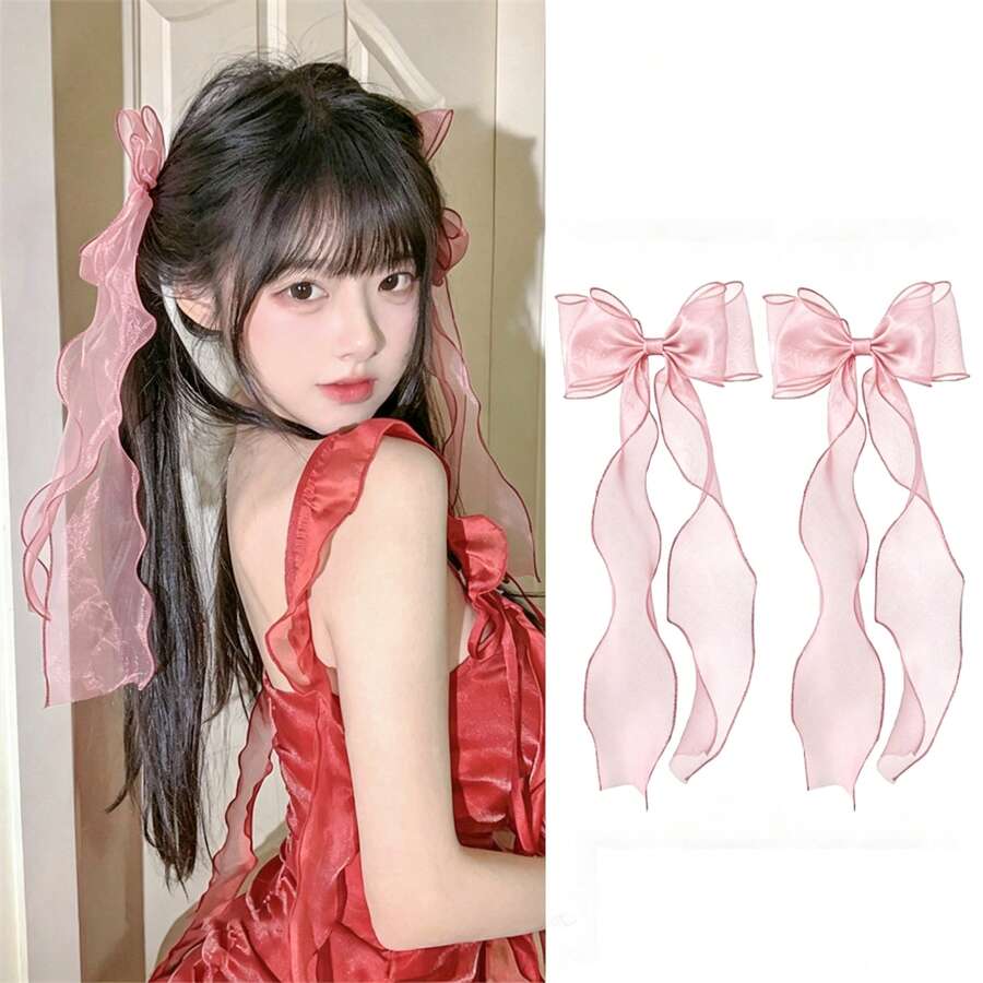 2件装女士发饰,甜美可爱双马尾蝴蝶结发夹,高端网纱蝴蝶结发夹,适合日常使用 - 粉色 - 查看 1
