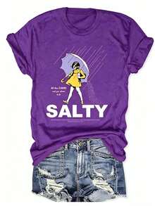 Plus Size Salty With Umbrella Graphic Tee - Vintage Style Summer Beachwear For Women, Perfect For Vacation And Everyday Wear, T-Shirt-Unisex - 紫色 - 查看 12