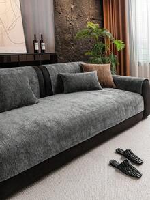 1pc Solid Color Chenille Sofa Cushion, Minimalist Chic Style Sofa Cover, Anti-Slip Anti-Cat Scratch Sofa Protector, Home Decor For All Seasons, Suitable For 1/2/3/4 Seater Sofa - Dark Grey - View 6