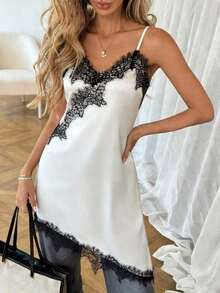 Vestido ajustado de longitud media con cuello en V, adorno de encaje y bajo asimétrico para mujer - Albaricoque - Ver 6