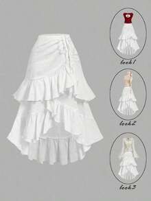 MOD Falda marrón para mujer con dobladillo alto-bajo, con cordón, volantes por capas, falda para fiesta, falda bohemia, falda para el almuerzo - Blanco 2 - Ver 12