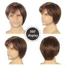 Peluca de hombre de 6 pulgadas con cabello corto texturizado marrón - Cabello resistente al calor con gorra de red de rosa, adecuada para el uso diario y el peinado en el trabajo - Marrón - Ver 4