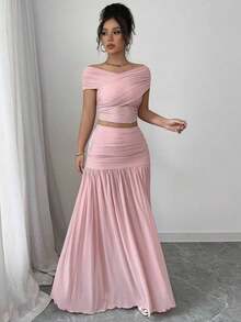 2pcs/Set Women Solid Color Short Sleeve Top And Skirt Set, Minimalist & Fashionable, Suitable For Summer - Pink - View 4