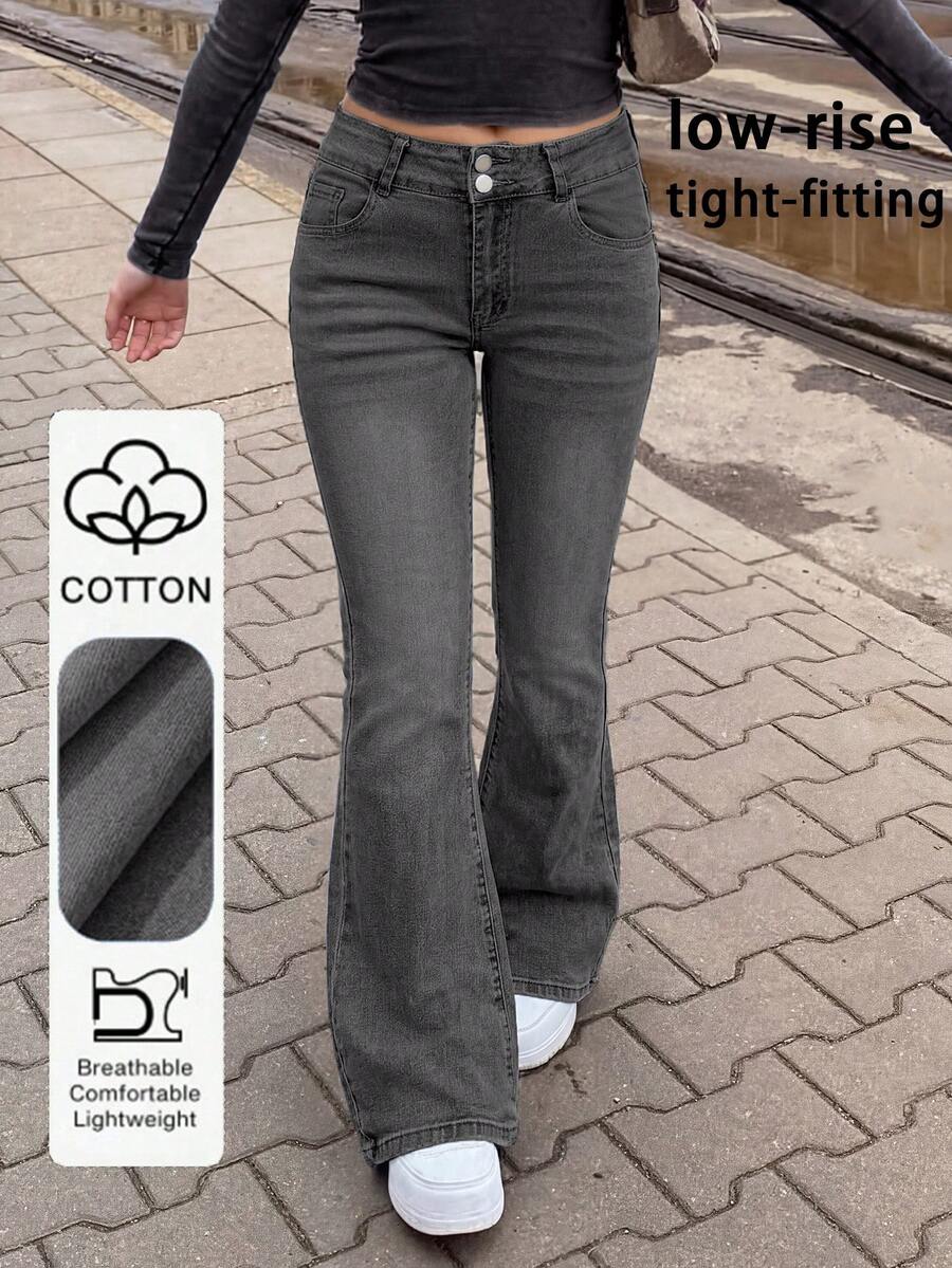 Fashionable & Elegant Minimalist Women's Double-Breasted Slim Fit Flare Leg Jeans, Slimming Casual Spring - Dark Grey - View 1