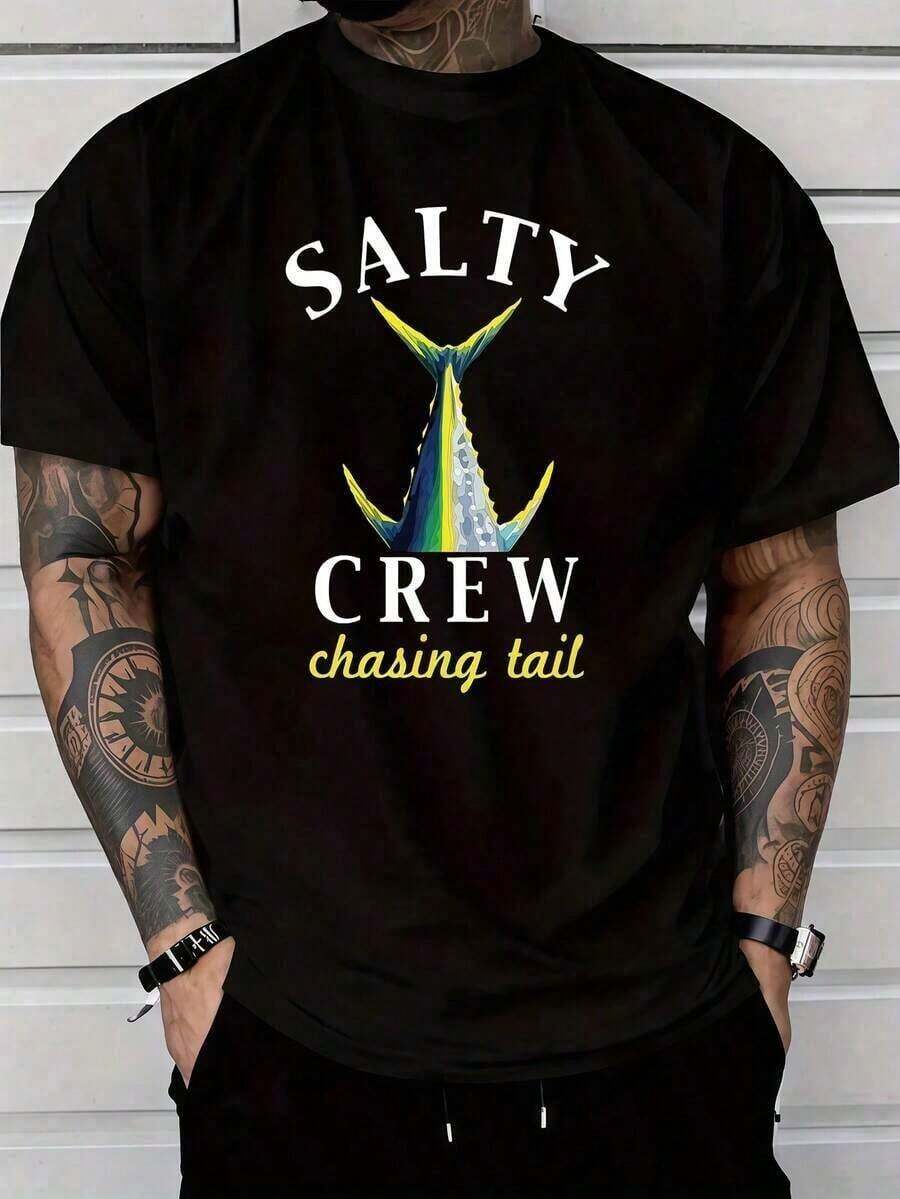 Men's Salty Crew Shirt - Casual Short-Sleeved Shirt, Eye-Catching Blue And Orange Octopus Print, Washable, First Choice For Summer Outings, Outdoor Adventure Wear, Vibrant Design, Breathable Fabric - 黑色 4 - 查看 1