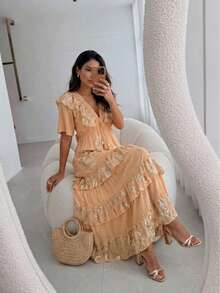 MIA BRAZIL Boho Chic Long Dress With Ruffles And Gold Details - 04-19 - Beige - View 1