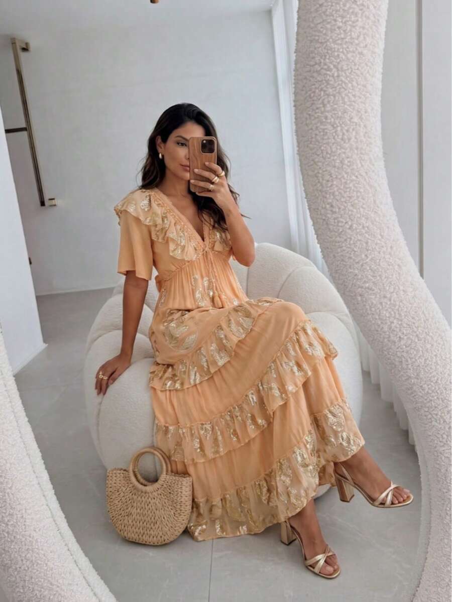 MIA BRAZIL Boho Chic Long Dress With Ruffles And Gold Details - 04-19 - Beige - View 1