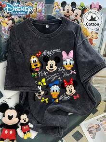 Disney Characters Letter Print Women'S T-Shirt | Comfortable Fabric, Casual Vintage Style, Crew Neck, Short Sleeves - 黑色 - 查看 1