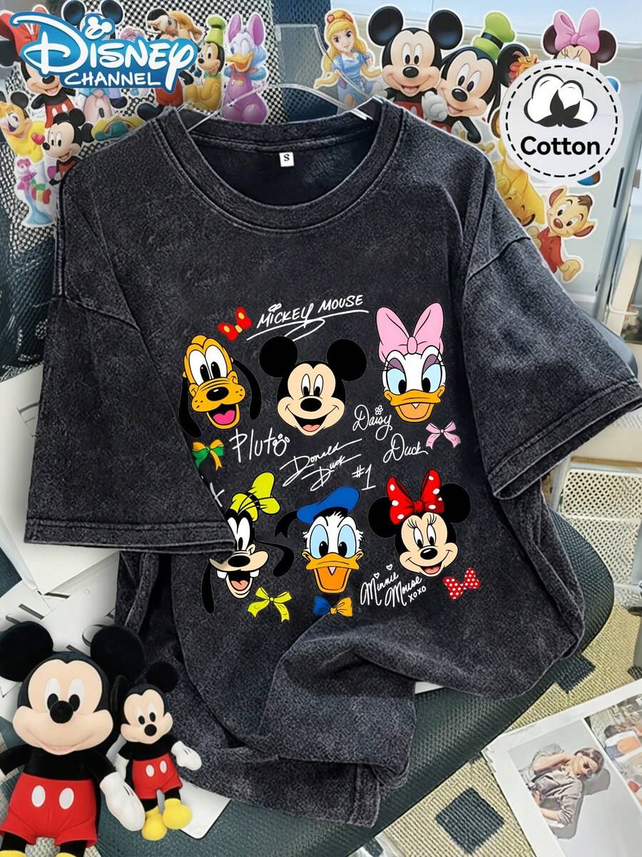 Disney Characters Letter Print Women'S T-Shirt | Comfortable Fabric, Casual Vintage Style, Crew Neck, Short Sleeves - 黑色 - 查看 1