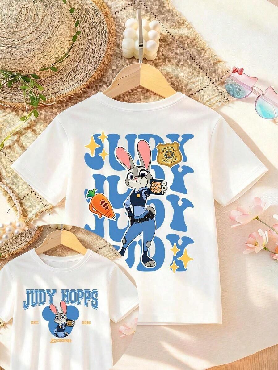 Disney Zootopia Officer Rabbit Double-Sided Letter Printed T-Shirt Women's Design Short Sleeve Casual Cute Style Comfortable And Relaxed, Suitable For Parties And Play. - 白色 - 查看 1