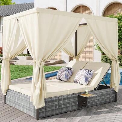 Gartenliege Doppelbett Mit Schattenvorhang, Rattanliege, Outdoor-Möbel Für Lounge, Balkon Und Garten, Wetterfest, Klappbar, Mit Kissen Und Klapptisch, Cremeweißes Kissen