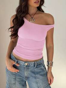 Blusa de verano de color liso, de hombro oblicuo y manga corta para mujer - Rosa - Ver 1