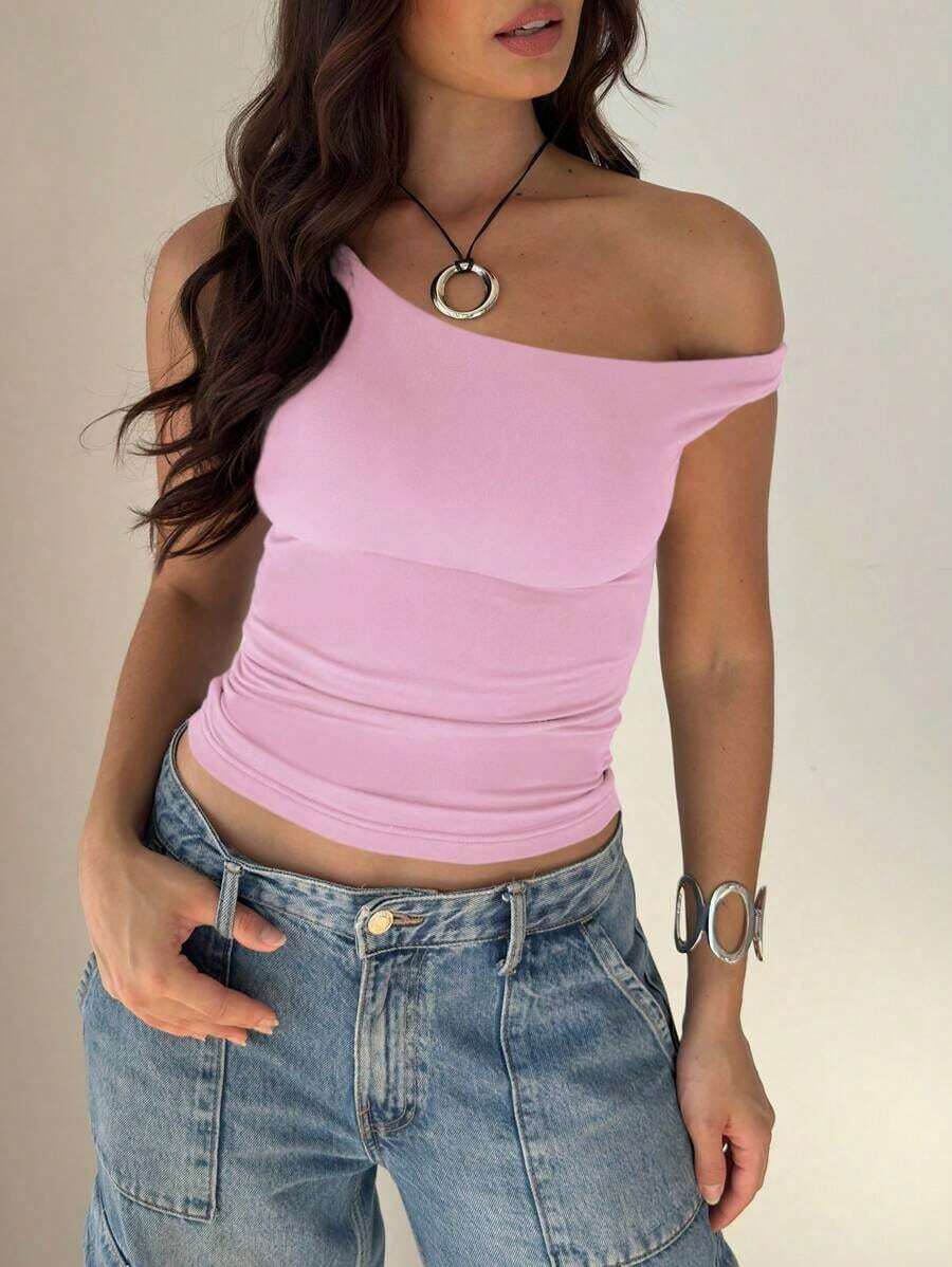 Blusa de verano de color liso, de hombro oblicuo y manga corta para mujer - Rosa - Ver 1