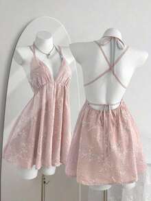 Vestido de mujer con cuello en V profundo, tirantes de espagueti, espalda descubierta y volantes, con textura floral azul, sexy y cautivador para vacaciones en la playa en verano - Rosa - Ver 9
