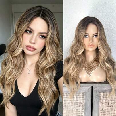 22/24/26 Inch Dark Root To Honey Blonde Ombre Curly Synthetic Wig, 13x4 High Definition Lace Front Wig With Adjustable Strap For Women, Pre-Trimmed Natural Hairstyle Suitable For Summer, Daily, Party, Holiday