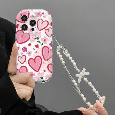 2pcs Set (White Base Pink Heart Print Phone Case + Handmade Bow Knot Bracelet, Curly Wave Edged Thick Shock-Proof Phone Case, Cream Phone Case Compatible With Samsung S25 24 22 20 21 A13 15 16 23 24 25 Series, Halloween, Christmas Holiday Gift)
