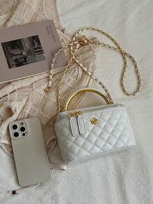 1pc Black Casual Multifunctional Handbag, Fashionable Embroidered Plaid Fabric, Suitable For Office, Holding Phone, Cosmetics, Coins, Shopping, Wallet, Etc., Suitable For Young Women, College Students, Newlyweds, White-Collar Workers. Very Suitable For Office, School, Work, Outdoor Activities, Travel And Other Occasions, Fashionable Ladies Handbag - White - View 4