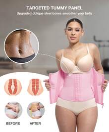 Feelingirl High Compression 15 Built-In Steel Bone Tummy Control Waist Trainer - 粉色 - 查看 3