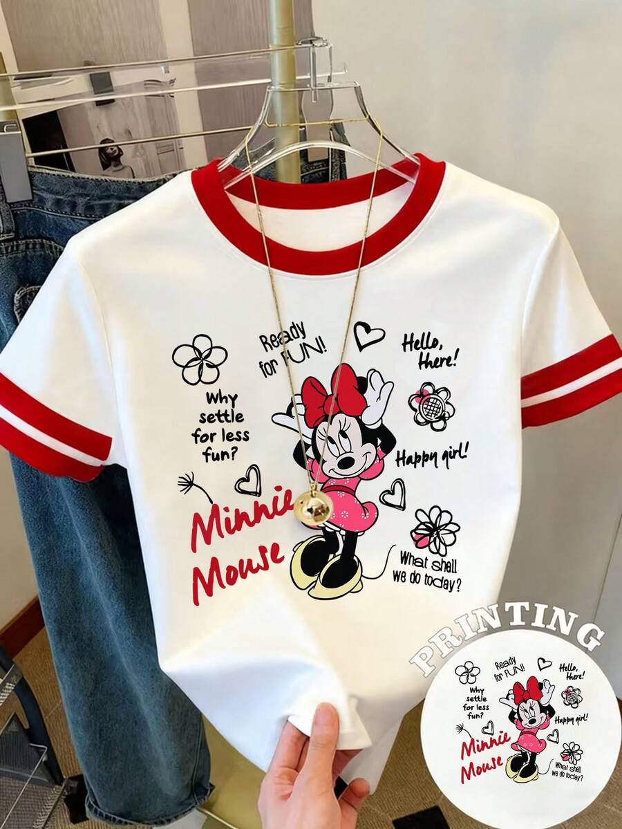 Disney Women's Y2K Colorblock Summer Crew Neck Short Sleeve T-Shirt-Breathable Crew Neck Casual Top With Minnie Mouse Graphic Design For Casual Attire - trắng - Xem 1