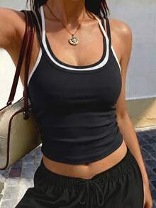 Áo hai dây Jennie Style dành cho nữ, phối màu đen trắng, kiểu dáng ôm sát, dáng ngắn, có dây đeo điều chỉnh được, cổ chữ U, phù hợp cho mùa hè dạo phố, thường ngày, hẹn hò và dự tiệc. - màu đen - Xem 3