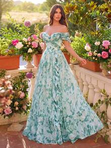 Faeriesty Elegantes Blumenprint Off-Shoulder Abendkleid, gerafftes Brustdesign, geeignet für Frühlingshochzeit, Gartenfest und romantisches Dinner - Minzgrün - Übersicht 3