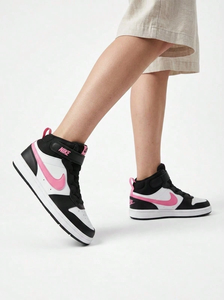 Nike Court Borough Mid 2 Kids Sneakers Black Pink CD7782 - 黑/白/日落脈動 - 查看 1