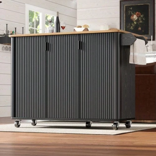 Kitchen Island Table, Dining Cart With Wood Grain Finish, Buffet Table, 130x45 (75) X 92 Cm, Retractable Kitchen Cart With Wheels, Comes With Towel Rack, Seasoning Rack, Adjustable Divider, Three Doors, White/Black - Black - View 1