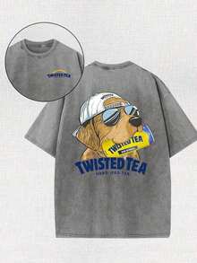 Vintage Washed Dog Graphic T‑Shirt, Retro Sunglasses Dog Print Crew Neck Short Sleeve Casual Fall Streetwear Oversized Tee For Women - 灰色 - 查看 5