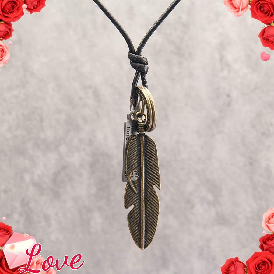 1 Fashion Simple Double Circle Square Pendant Long Feather Alloy Unisex Necklace Couple Necklace Valentine's Day Gift - 淺水坑 - 查看 1