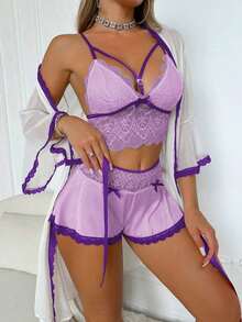 PetitDoll 3pcs/Set Women Lace Contrast Color Sleepwear Set - Màu tím - Xem 1