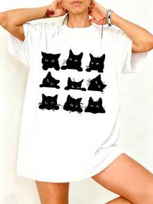 Camiseta Oversize Blanca Gatos Negros Estampados para Mujer Verano Casual - Blanco - Ver 1
