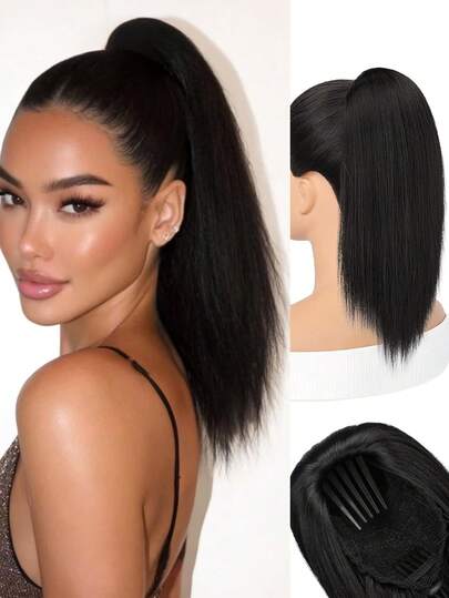 Tóc nối đuôi ngựa thẳng nhiều màu đen và nâu - Tóc nối đuôi ngựa ngắn 18 inch màu nâu thẳng có dây rút, được làm từ chất liệu tổng hợp tự nhiên và mềm mại, phù hợp cho hoạt động cổ vũ, tiệc tùng, thi đấu và các dịp khác, tạo nên kiểu tóc đuôi ngựa sành điệu.