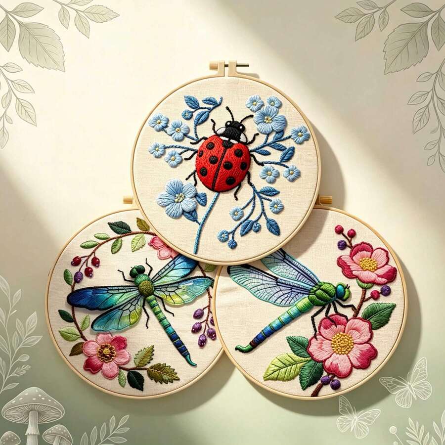 Handmade Embroidery Kit, Forest Series Insect Dragonfly & Ladybug, Beginner Friendly, Cozy Home Decor Wall Hanging Or Ornament, Gift