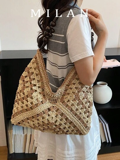 Túi đan thủ công mới, túi đa năng làm từ dây giấy đan móc và rơm, túi đeo vai kiểu dáng đi biển làm từ rơm.