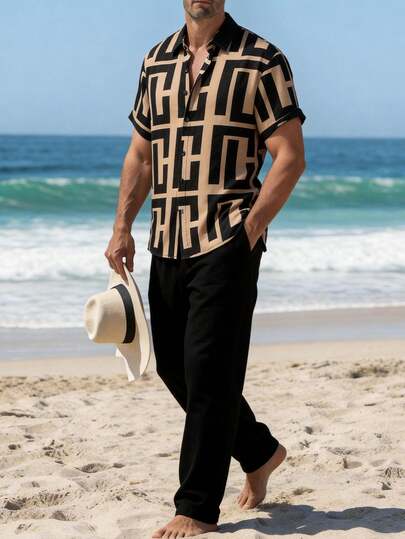Men's Fashion Full-Zip Collar Random Print Shirt, Contrast Color Design Casual Short Sleeve Shirt, Paired With Solid Black Pants, Suitable For Daily Casual, Simple, Versatile Outings And Commuting, 2-Piece Shirt Set