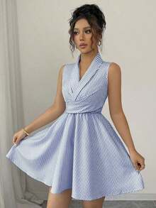Vestido corto sin mangas con cuello vuelto y cintura cruzada a rayas para mujer - Amarillo - Ver 11