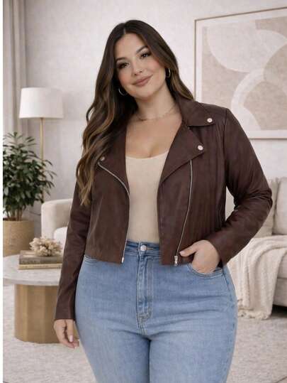 Jaqueta Feminina Plus Size Couro Fake Cropped Zíper Frontal Manga Longa Ajuste Confortável Elegante