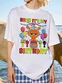 Camiseta de manga corta con cuello redondo suave y casual para mujer, estampado gráfico divertido de dibujos animados para cumpleaños, adecuada para fiestas. Negra. - Blanco - Ver 10