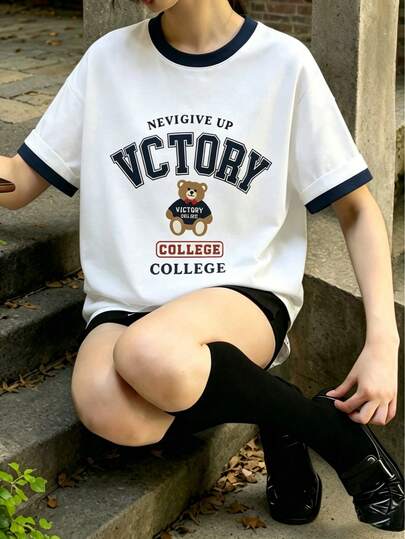 女童及青少年休闲撞色圆领短袖T恤，夏季上衣