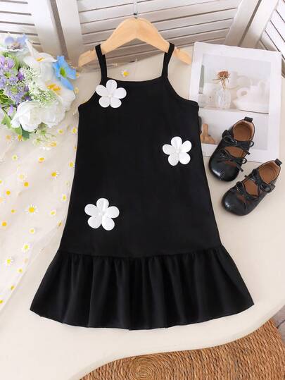 1pc Young Girls' Minimalist Clean Style 3D Floral Decor Sleeveless Solid Color Slip Dress, Summer