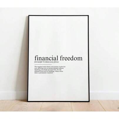 1 pieza Decoración de pared Definición de Libertad Financiera, Pintura decorativa de pared de alta calidad en lienzo, Grosor 2.25 centímetros / 1 pulgada, Póster artístico impreso envuelto alrededor de un marco de madera, Se puede colgar directamente, Adecuado para decoración del hogar, sala de estar, baño, dormitorio, etc. Plano 2D