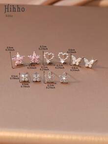 Hihho 10pcs/Set Pink Zirconia Sakura, Hollow Heart, Full Butterfly, Four-Leaf Clover, Hollow Small Flower 5 Elements, Versatile Style, Delicate And Lively, Wear Alone For Fresh Look Or Layer For More Atmosphere, Suitable For Daily, Dating, Work (Comes With Beautiful White Gift Box) - Earrings Set - View 7