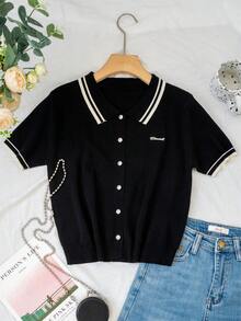 Áo thun tay ngắn cổ polo dệt kim kiểu Pháp mùa hè, áo cardigan mỏng cho nữ. - màu đen - Xem 5