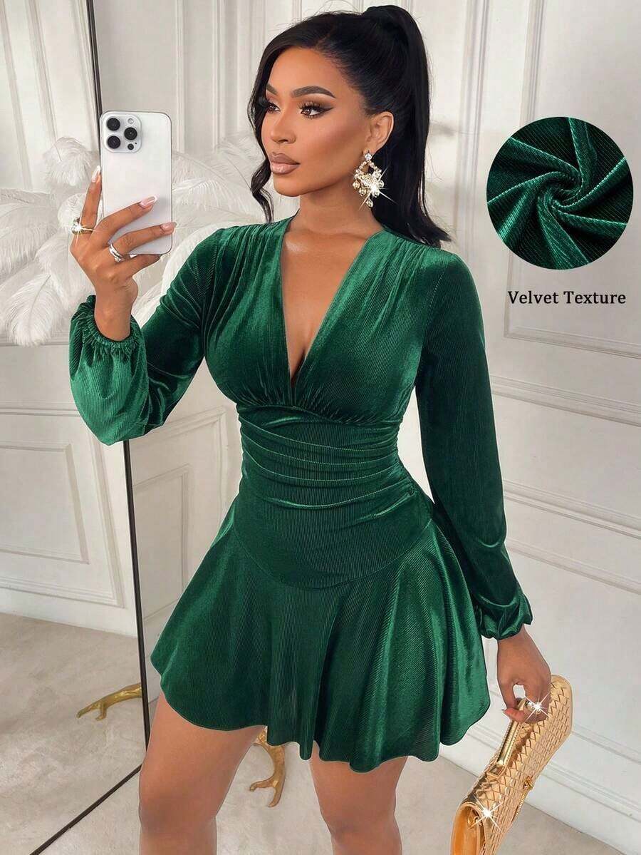 AIJ Vestido corto de manga larga elegante y sexy con cintura ceñida para mujer, primavera - Verde Oscuro - Ver 1
