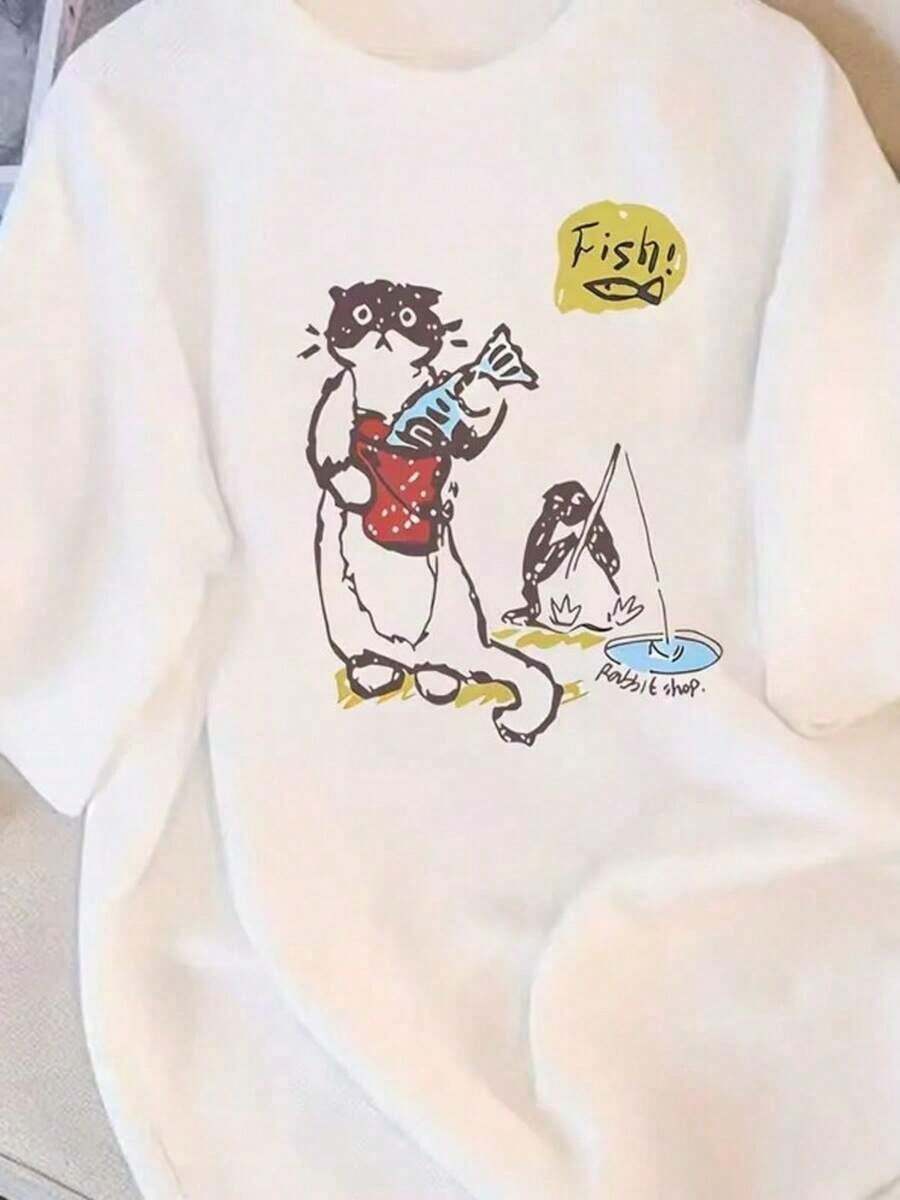 Wo White Anime Manga And Fish Print T-Shirt |   Kawaii Japanese Graphic Tee With Cute Cat-Ear Fish And Japanese Text, Breathable Round Neck Short Sleeve, Machine Washable Casual Top For Casual Attire, Conventions And Themed Events - Funny Kaw - White - View 1