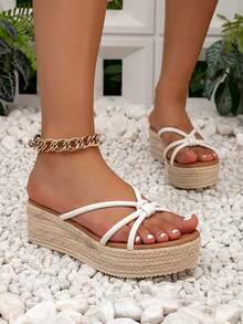 Sandálias Casuais de Corda Trançada com Sola Grossa, Cor Sólida, Femininas, Material PU Branco com Decoração de Tira Semicircular, Sandálias Plataforma Anabela Boêmias de Férias Retrô, Sola de Lona, Sandálias Mule, Primavera Verão Sapatos Férias da Primavera Páscoa - Branco - Visão 5