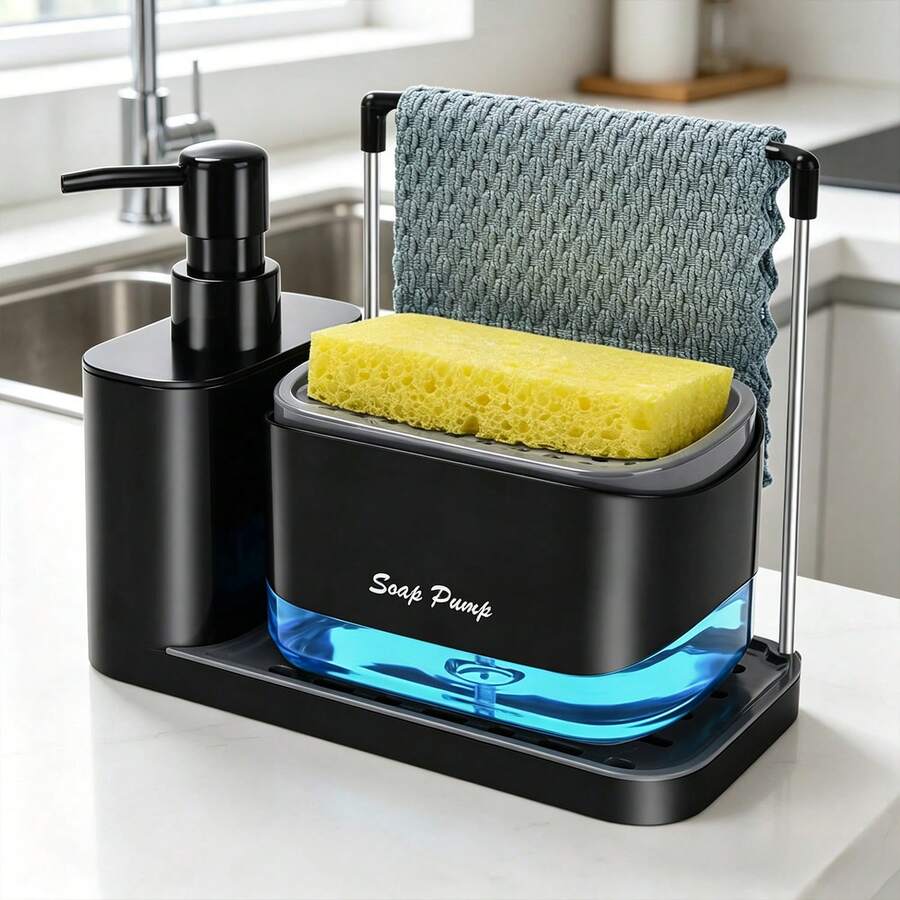 Kitchen Sink Organizer Set, Dual Soap Dispenser With Sponge Holder, Floor Mounted, Hand Soap And Dish Soap Dispenser With Tray And Dish Cloth Rack, Suitable For Kitchen, Restaurant, Hotel And Homestay - Multicolor - View 1