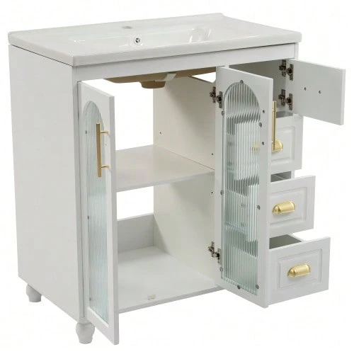 Single Bathroom Cabinet With 80cm Ceramic Low Basin, White. - White - View 1