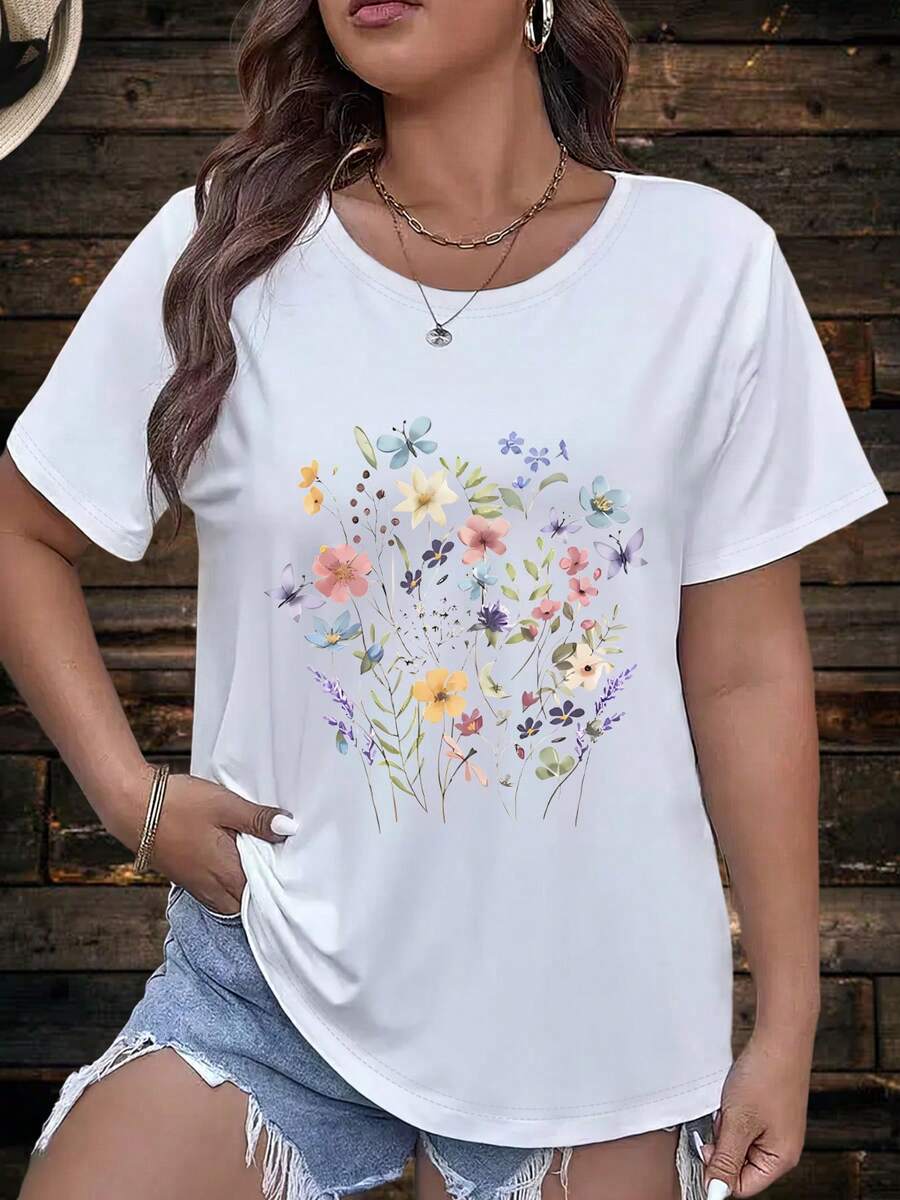 -  - Camiseta de manga corta de cuello redondo con estampado floral para las mujeres, sudadera