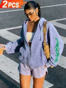 Cotton Letter Print Plus Size Crew Neck Loose Sweatshirt, Vacation Travel Beach, Casual Sports Elegant - Dark Gray-blue Top + Purple-blue Shorts - View 1
